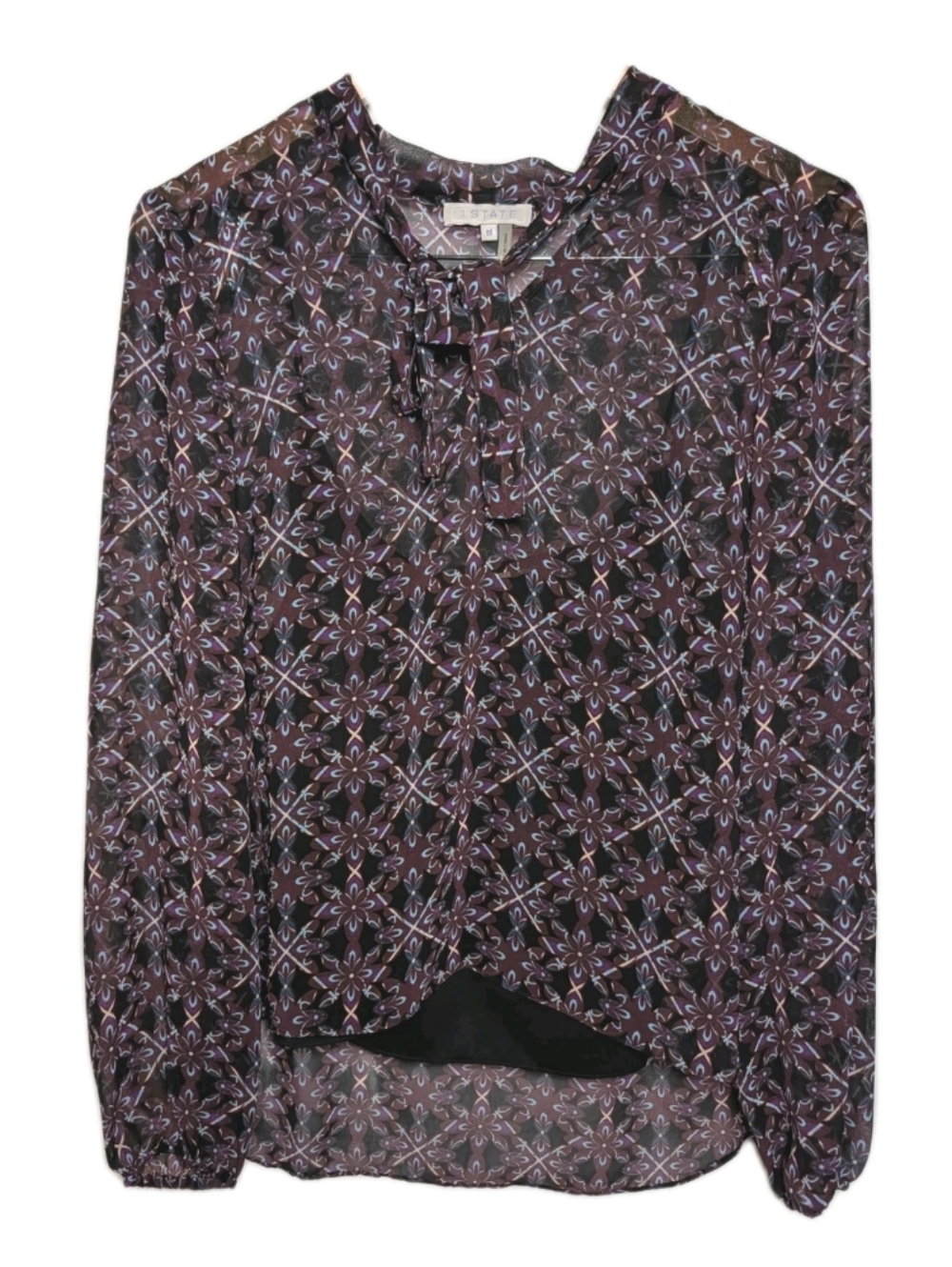 1State Blouse Long Sleeve Tie Neck "2 fer" Purple Black Women Sz Medium NEW Tag